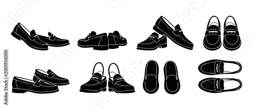 Loafer shoes black icon set, flat vector design of classic slip-on footwear for men, minimalist male fashion symbols, various viewing angles including side, top, front, and back views for professional