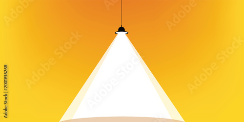 Minimalist conceptual vector illustration of a single black pendant lamp casting a bright white triangular spotlight. 