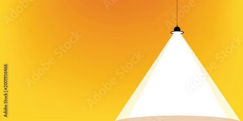 Minimalist conceptual vector illustration of a single black pendant lamp casting a bright white triangular spotlight.  