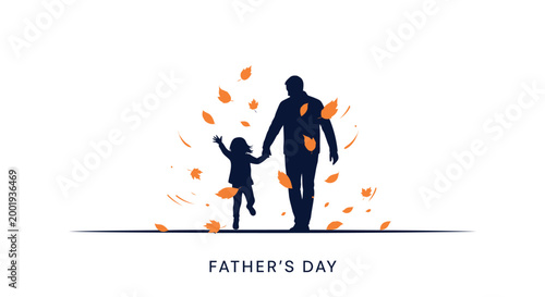 Father's Day, silhouette father child, orange leaf illustration, family love, holiday greeting