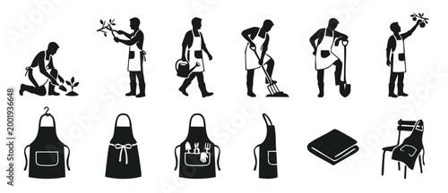 Gardener Silhouette Icons Set with Professional Gardening Apron and Tools - Farmer Activity Collection for Agriculture, Horticulture, Farming, Yard Maintenance, and Outdoor Hobbies - Black Flat Vector