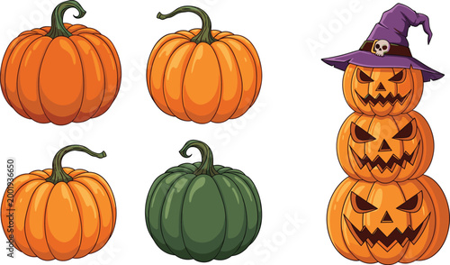 Halloween Pumpkin Vector Set Featuring Carved Jack O Lantern Faces and Decorative Autumn Pumpkins with Witch Hat Isolated on White Background
