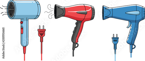 Hair Dryer Collection Set with Different Styles Electric Blow Dryer Appliances Cartoon Vector Illustration for Beauty Salon Haircare Equipment and Personal Grooming Design