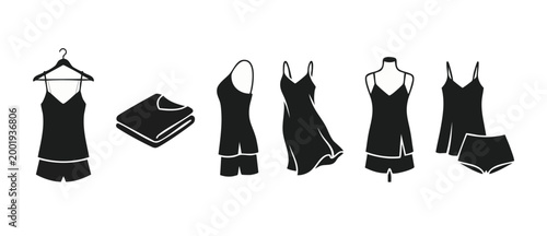 Women Pajamas Sleepwear Set Icons Collection - Clothing Silhouettes for Lingerie and Nightwear Design - Minimalist Vector Graphic Illustration of Camisoles and Shorts for Fashion Retail or E-commerce