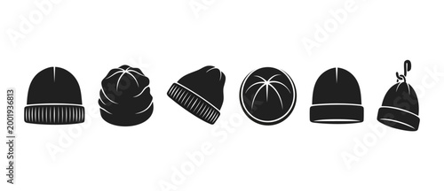 Beanie Hat Icon Set - Winter Clothing Collection, Flat Black Vector Silhouette Design Elements for Fashion Apparel, Casual Headwear Graphics, Isolated Bundle for E-commerce Branding and UI Web Project