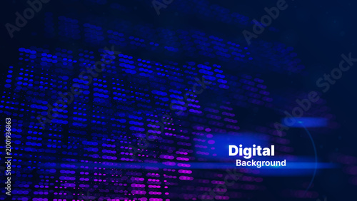 Blue and magenta digital technology background with glowing particle waves and atmospheric bokeh, designed as a vector backdrop for big data, AI innovation, network systems, and analytics.