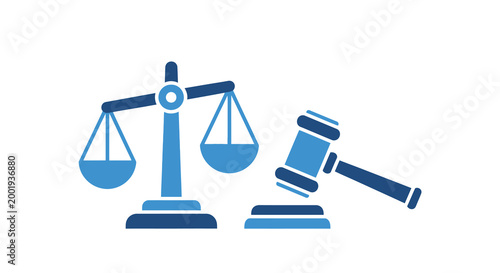 justice scales and gavel icon in blue on white background
