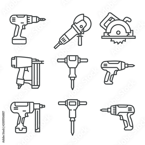 Bild auf Leinwand Power Tools Icon Set Line Art Style Illustration