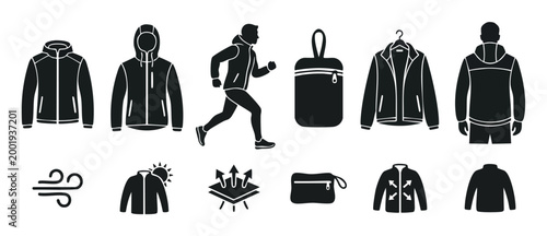 Windbreaker Jacket Icons Set, Sportswear Clothing Features and Running Man Silhouette Vector Symbols for Outdoor Gear, Hiking Apparel, Breathable Material Technology and Weather Protection Graphic Ele