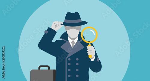 detective holding magnifying glass in flat illustration style
