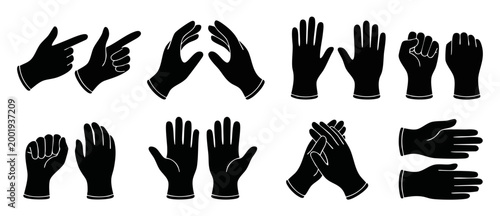 Rubber Gloves Hands Set Icon Collection Showing Various Gestures and Poses for Medical, Cleaning, or Industrial Usage, Vector Illustration for Graphic Design Projects, Isolated on White Background.