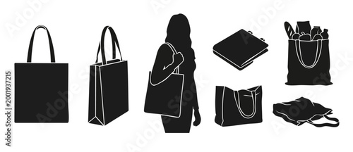 Tote bag silhouette icon set, blank canvas shopping bag mockups, woman carrying eco-friendly reusable sack, grocery bag filled with food, flat vector illustration collection for sustainable design ele