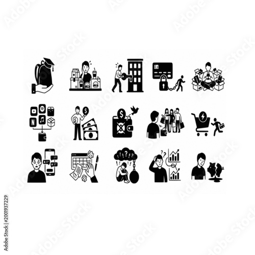 Modern Lifestyle Icon Set - Finance Debt Education Mental Health Shopping Stress Pictogram Collection Vector