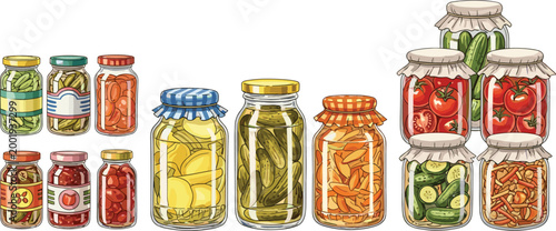 Hand Drawn Pickled Vegetables in Glass Jars Collection Featuring Cucumbers Carrots Tomatoes and Preserved Food Illustration for Organic Kitchen Design Use
