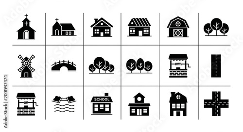 Collection of diverse building and landscape icons in black and white.