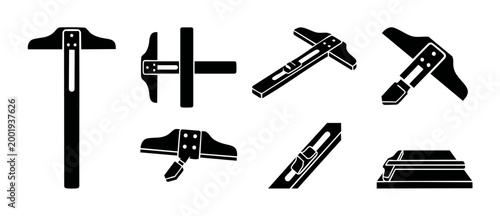 T-Square Ruler Drafting Tool Icon Set, Professional Architectural Drawing Equipment for Technical Design and Engineering Projects, Minimalist Vector Illustration of Measurement Instruments and Graphic