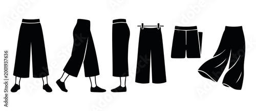 Culottes Pants Icon Set Black Silhouette Collection for Fashion Design and Clothing Retail Catalog Template featuring Wide Leg Trousers and Cropped Pants in Minimalist Style on White Background Vector