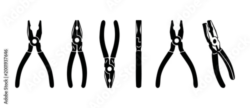 Pliers hand tools set icon collection, professional steel equipment for industrial repair and mechanical construction, black vector silhouette isolated on white background for workshop maintenance pro