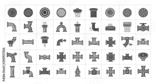 Collection of plumbing pipe fittings and valves icons.