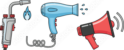 Hand Drawn Tool and Device Icon Set Featuring Blowtorch Hair Dryer and Megaphone for Industrial Work Communication and Equipment Design