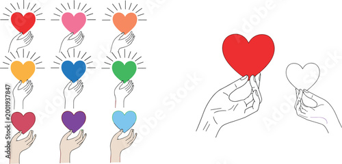 Hands Holding Heart Vector Illustration Set Featuring Love, Care and Charity Symbols with Colorful and Outline Designs Isolated on White Background