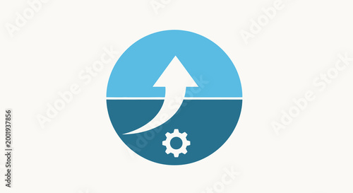 arrow and gear icon in blue circle on white background