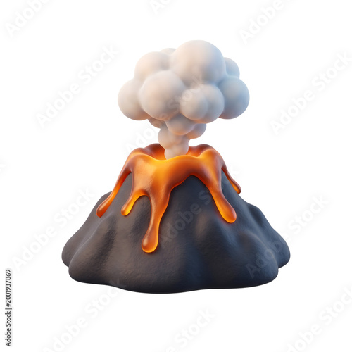 Stylized cartoon volcano erupting with lava flow and smoke cloud on transparent background, 3d rendering