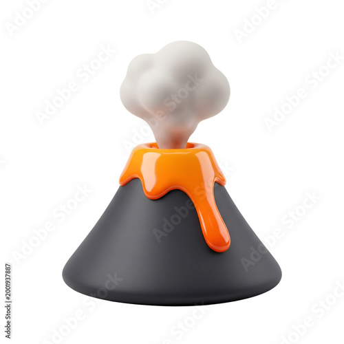 Stylized volcano with lava spill and smoke cloud, cute 3d graphic, isolated on transparent background, natural phenomenon
