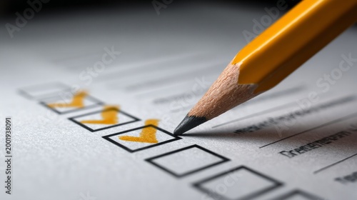 Yellow pencil marks checkmark on paper form