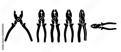 Pliers hand tool set, black silhouette icons for construction and repair work, collection of hardware equipment shapes isolated on white background for DIY projects, mechanical grip instrument graphic