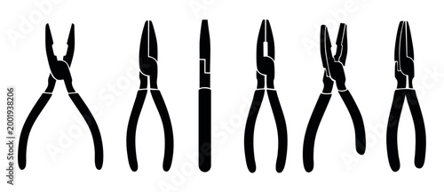 Pliers hand tool icon set, professional construction hardware equipment collection, black silhouettes isolated on white background for DIY industrial repair projects and craftsmanship vector design el