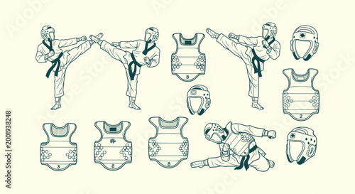 Fotografie Taekwondo Martial Arts Line Art Set with Fighters Kicking and Protective Gear He
