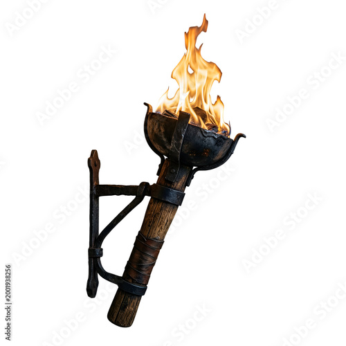 Vintage torch mounted on wall bracket, burning with bright flames, concept of illumination and security, isolated on transparent background