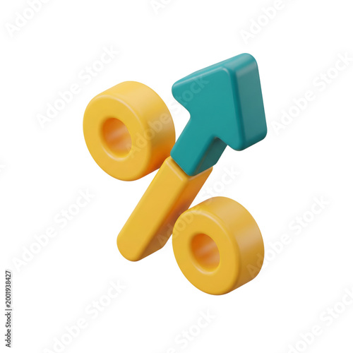 Yellow percent symbol with teal upward arrow, financial growth, percentage increase, economic uptrend, business concept, financial diagram