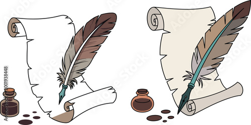 Vintage Scroll and Feather Quill with Ink Bottle Classic Writing Illustration Set
