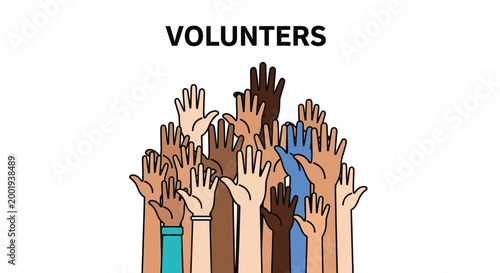diverse hands raised with volunteers text high quality