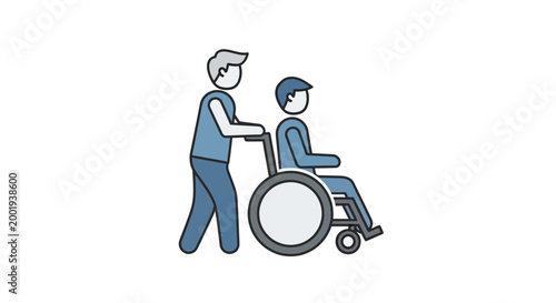 person assisting wheelchair user in simple vector illustration
