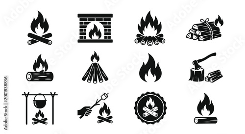 Camping Icons Set Black Silhouette Of Fire Fireplace And Wood