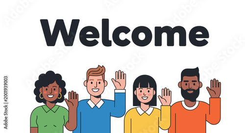 Diverse group of people welcoming with raised hands and smiling faces.