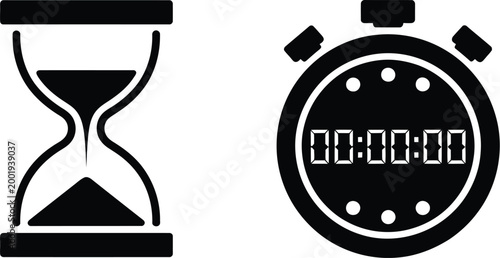 Black silhouette icons of a sand hourglass and a digital stopwatch representing traditional and modern time management concepts for business projects.