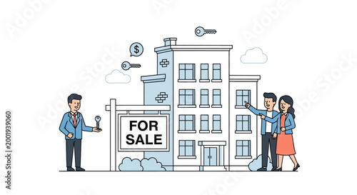 Real estate agent showing a building for sale to a couple with a large for sale sign.