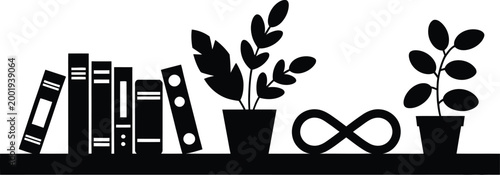 Minimalist vector illustration of office shelf featuring a row of books house plants and infinity sign for education and productivity.