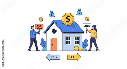 Illustration of real estate transaction with people buying and selling a house.