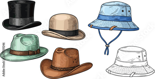 Hat Collection Vector Illustration Featuring Top Hat, Fedora, Cowboy Hat and Bucket Hat Designs in Vintage and Modern Styles Isolated on White