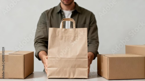 Man holding and presenting a brown paper bag with his hands on a table with several cardboard boxes