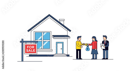 Real estate agent showing house for sale to young couple with contract.