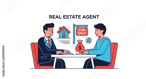 Real estate agent discussing property sale with client in office setting.