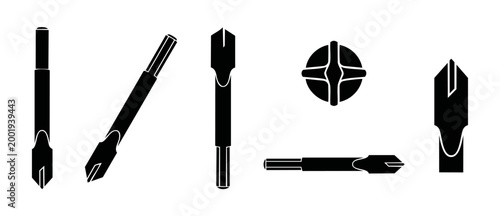 Drill bit set professional construction tool icons for wood drilling and metalwork, isolated vector silhouettes of industrial power tool bits for workshop repair, manufacturing, and hardware equipment