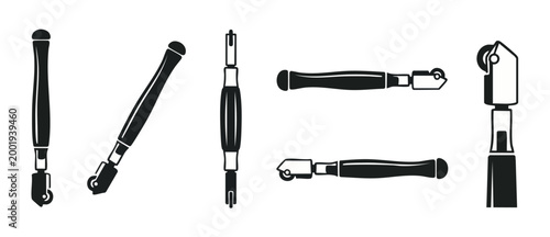 Glass cutter tool icon set, manual scoring blade for windows and mirrors, professional glazing instrument collection, vector illustration isolated on white background, construction equipment design el