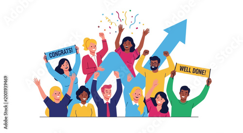 Diverse group of happy people celebrating success with confetti and congratulatory signs.